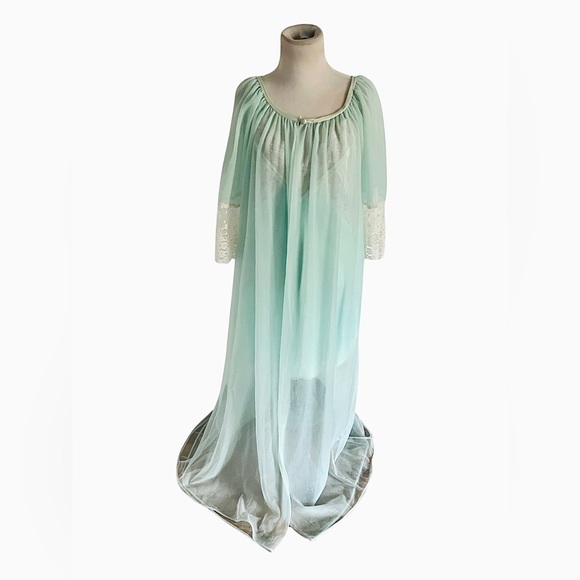 Vintage La Notte Green Chiffon Peignoir Lingerie Slip Dress Robe Set Lace Small - Picture 2 of 15